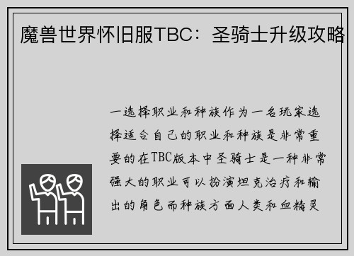魔兽世界怀旧服TBC：圣骑士升级攻略