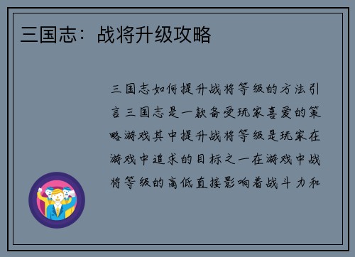 三国志：战将升级攻略