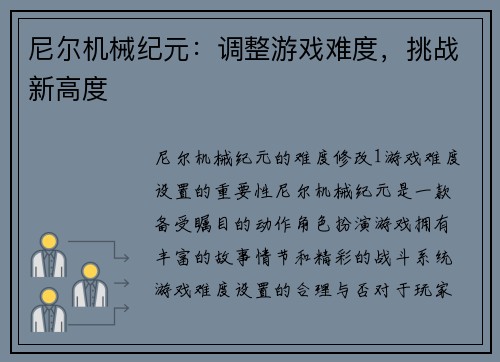 尼尔机械纪元：调整游戏难度，挑战新高度